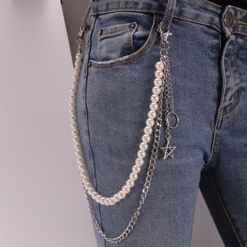 Harajuku homemade hip-hop retro double-layer stainless steel butterfly pants chain men and women hanging chain decorative waist chain pearl accessories