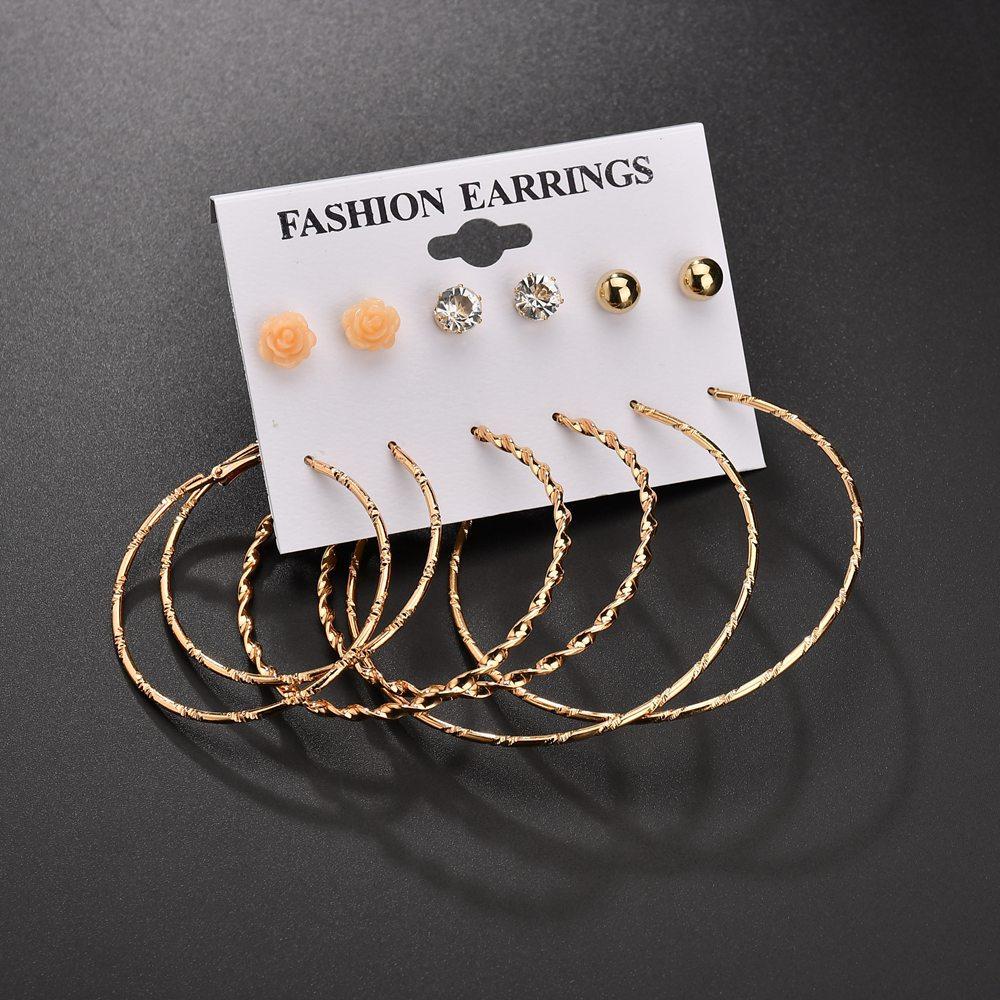 Accessories Creative 6 Pairs of Plate Earrings Set Rose Flower Diamond Stud Earrings Exaggerated Earrings Female