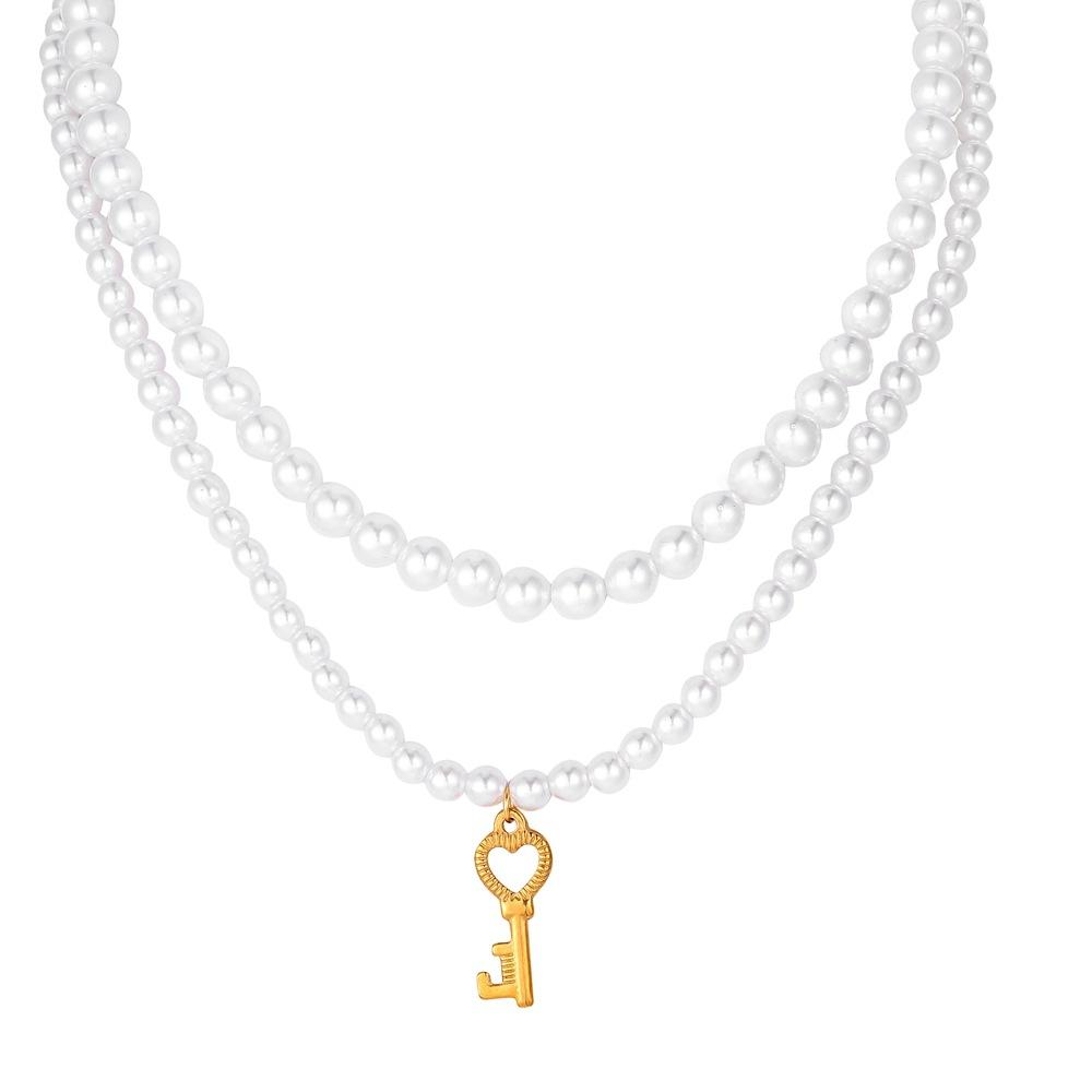 Double Pearl Necklace Titanium Steel 18K Gold Key Pendant Dignified Atmosphere Clavicle Chain