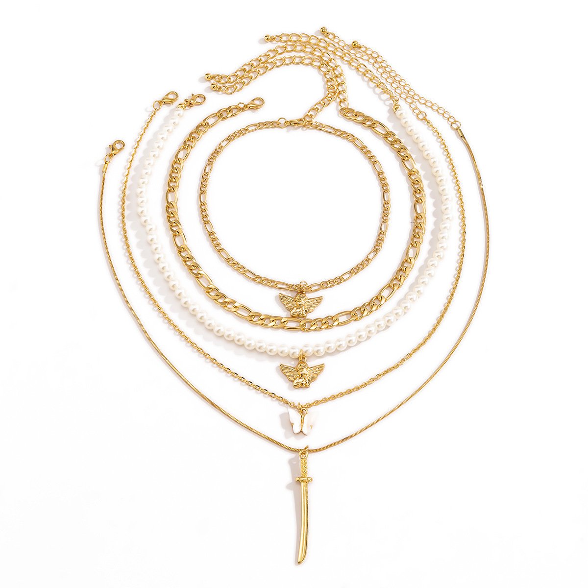 Jewelry hip-hop angel multi-element suit necklace street shooting exaggerated butterfly imitation pearl necklace female