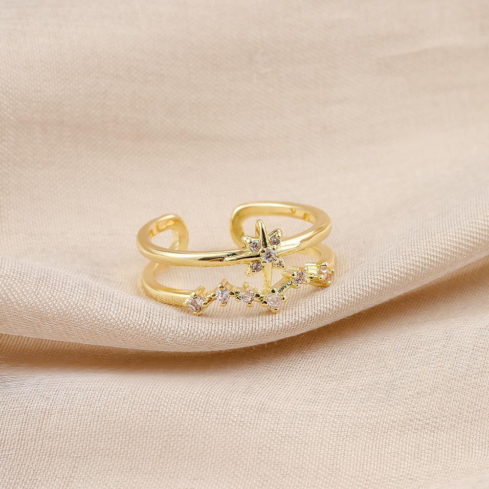 Sweet Diamond Star Copper Micro-Inlaid Open Ring French Design Ladies Super Fairy Irregular Ring