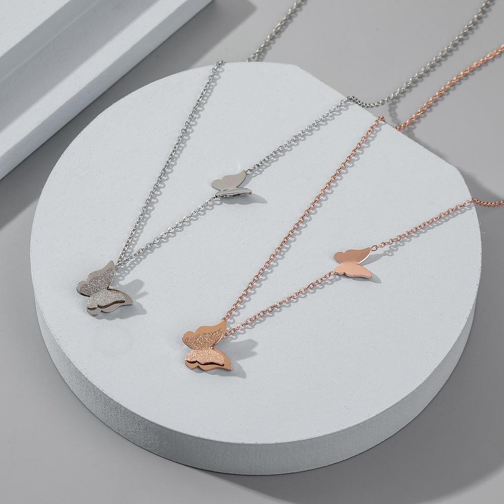 Fashion double frosted butterfly titanium steel pendant neck link simple stainless steel necklace jewelry for women