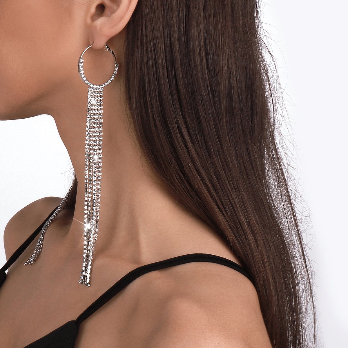 E1466 Exaggerated Long Rhinestone Tassel Earrings Women's Light Luxury Geometric Net Red Night Earrings