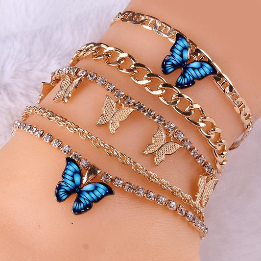 Simple Oil Drop Butterfly Pendant Anklet Trendy Beach Explosion Style Diamond Set Five-piece Foot Jewelry