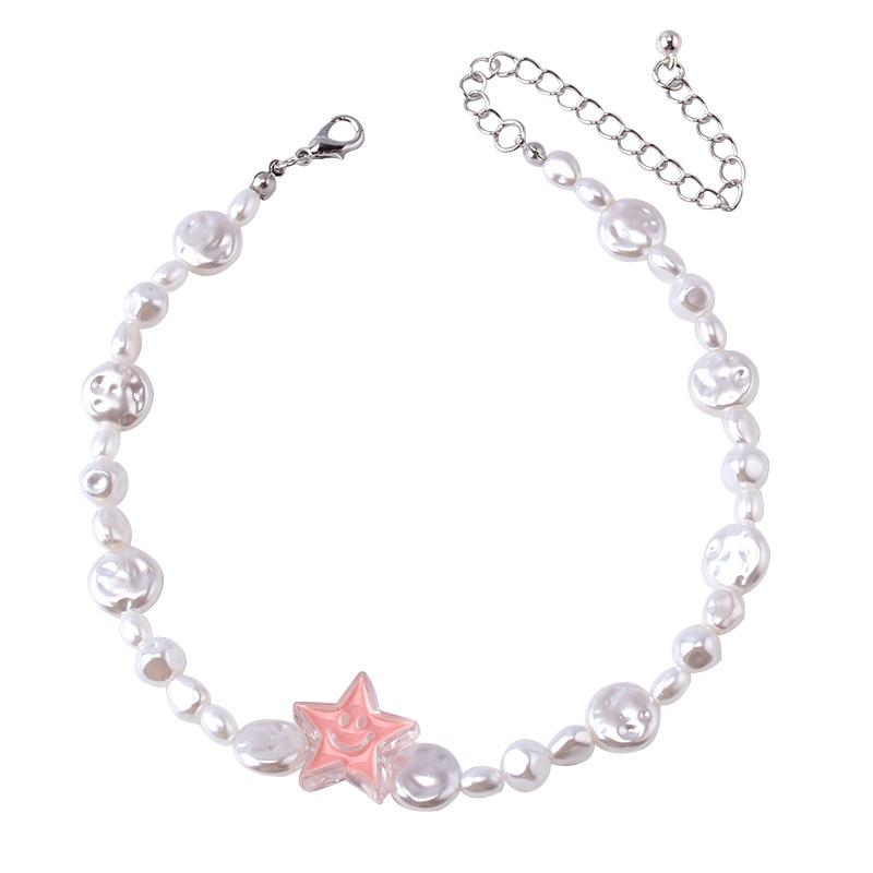 Ins temperament all-match acrylic dripping oil smiling face necklace baroque pearl chain fashion collarbone chain
