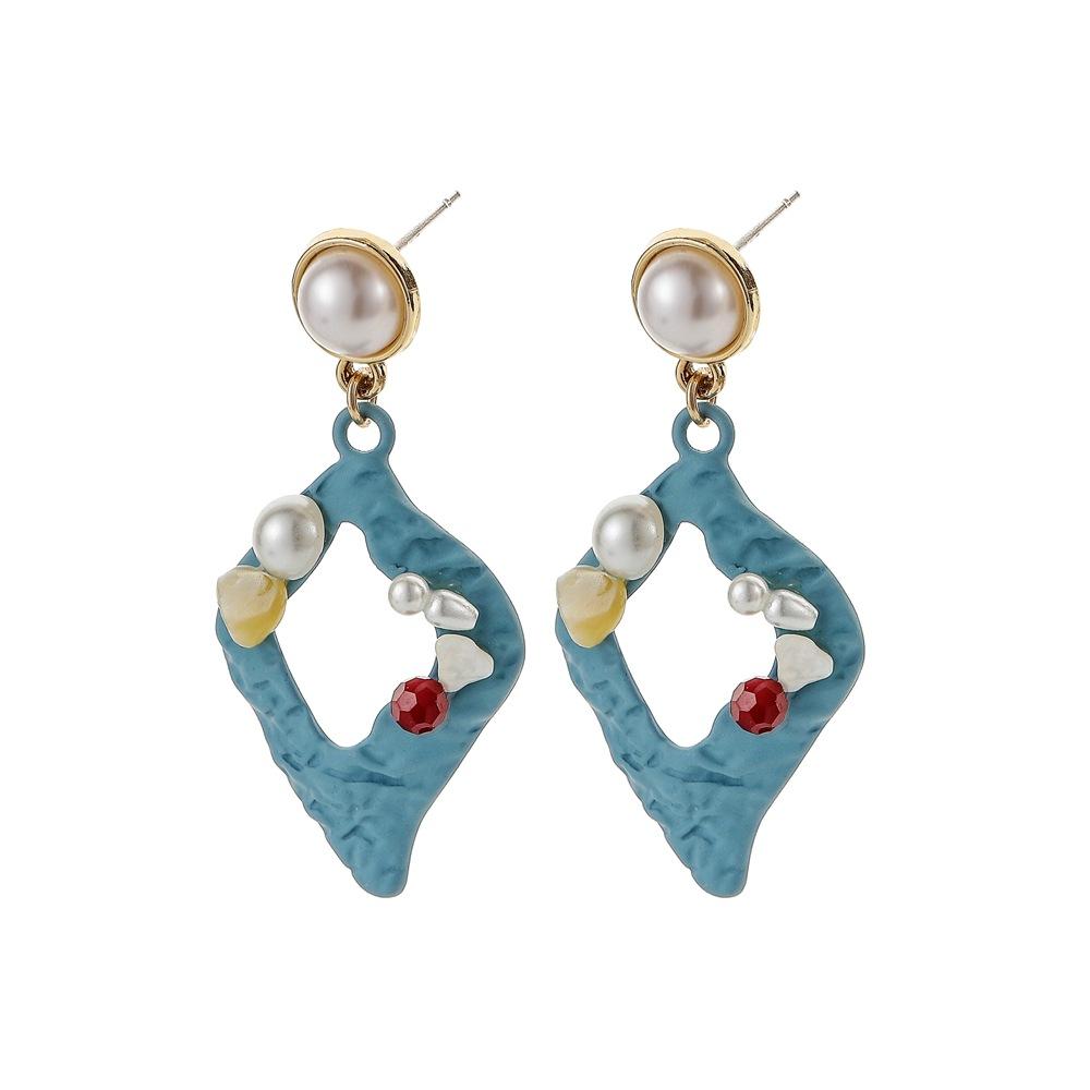 Retro Blue Rhombus Hollow Pearl Gravel Earrings Simple Diamond Temperament Irregular Geometric Earrings
