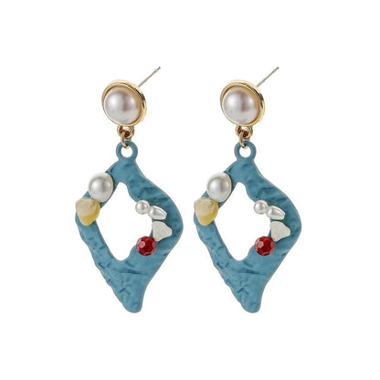 Retro Blue Rhombus Hollow Pearl Gravel Earrings Simple Diamond Temperament Irregular Geometric Earrings