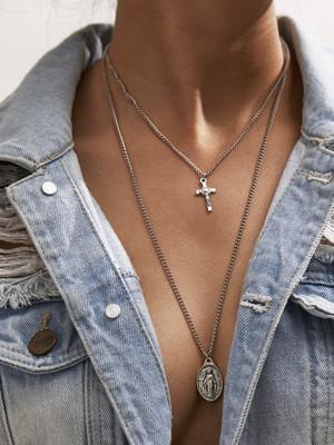 Grid Long Chain Cross Necklace Alloy Virgin Pattern Pendant Necklace