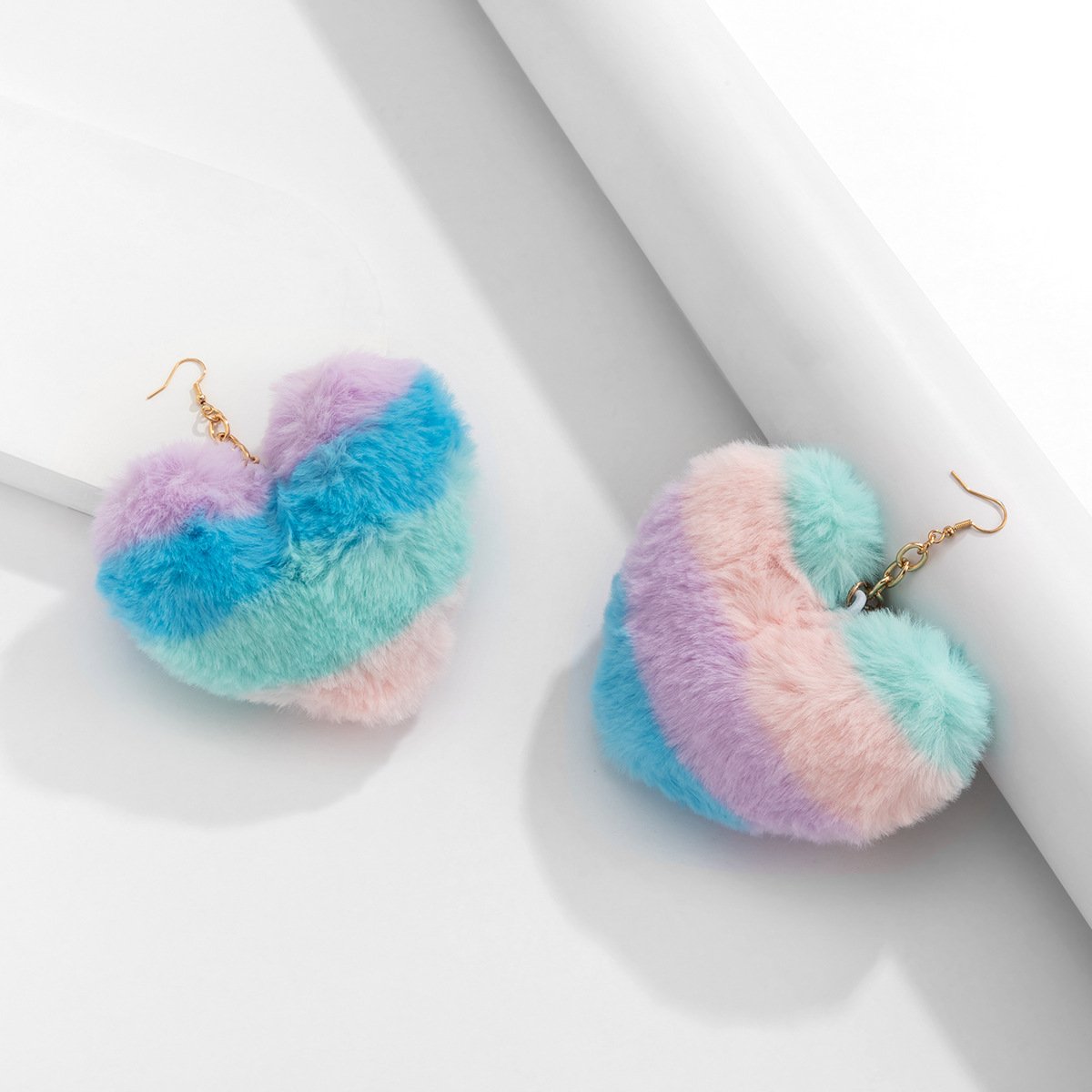 Jewelry Creative Rainbow Color Plush Peach Heart Earrings Female Exaggerated Fashion Imitation Rabbit Fur Heart Earrings