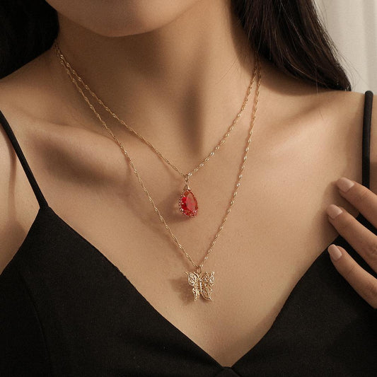 Fashion Water Drop Resin Transparent Crystal Dried Flower Pendant Super Fairy Hollow Butterfly Double Layer Clavicle Necklace For Women