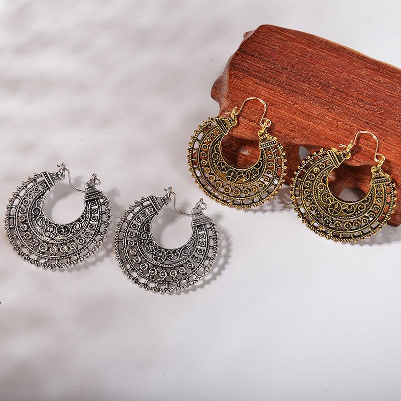 Bohemian Ethnic Retro Hollow Carved Earrings Half Round Trendy Alloy Pattern Earrings