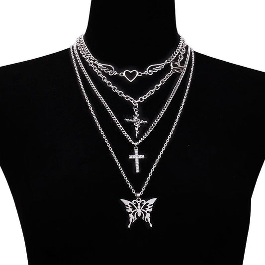 Jewelry diamond-encrusted little angel rose necklace accessories peach heart wings pendant necklace set chain