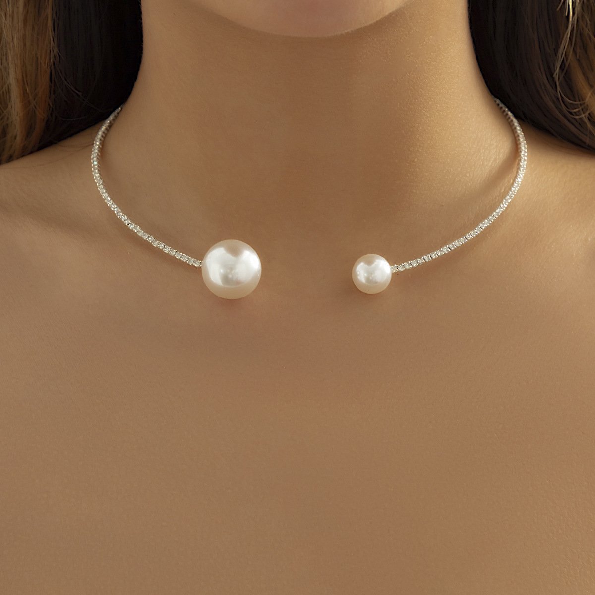 Jewelry Personality Imitation Pearl Geometric Opening Necklace Necklace Niche Design Sense Micro Diamond Necklace