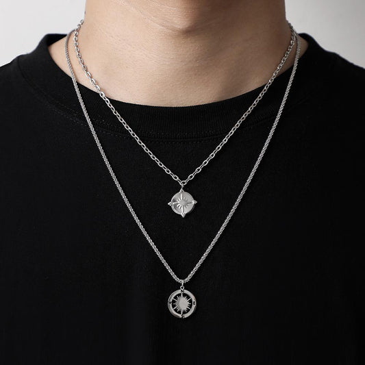 Men's Stainless Steel Twine Stitching Double Coin Compass Star Necklace