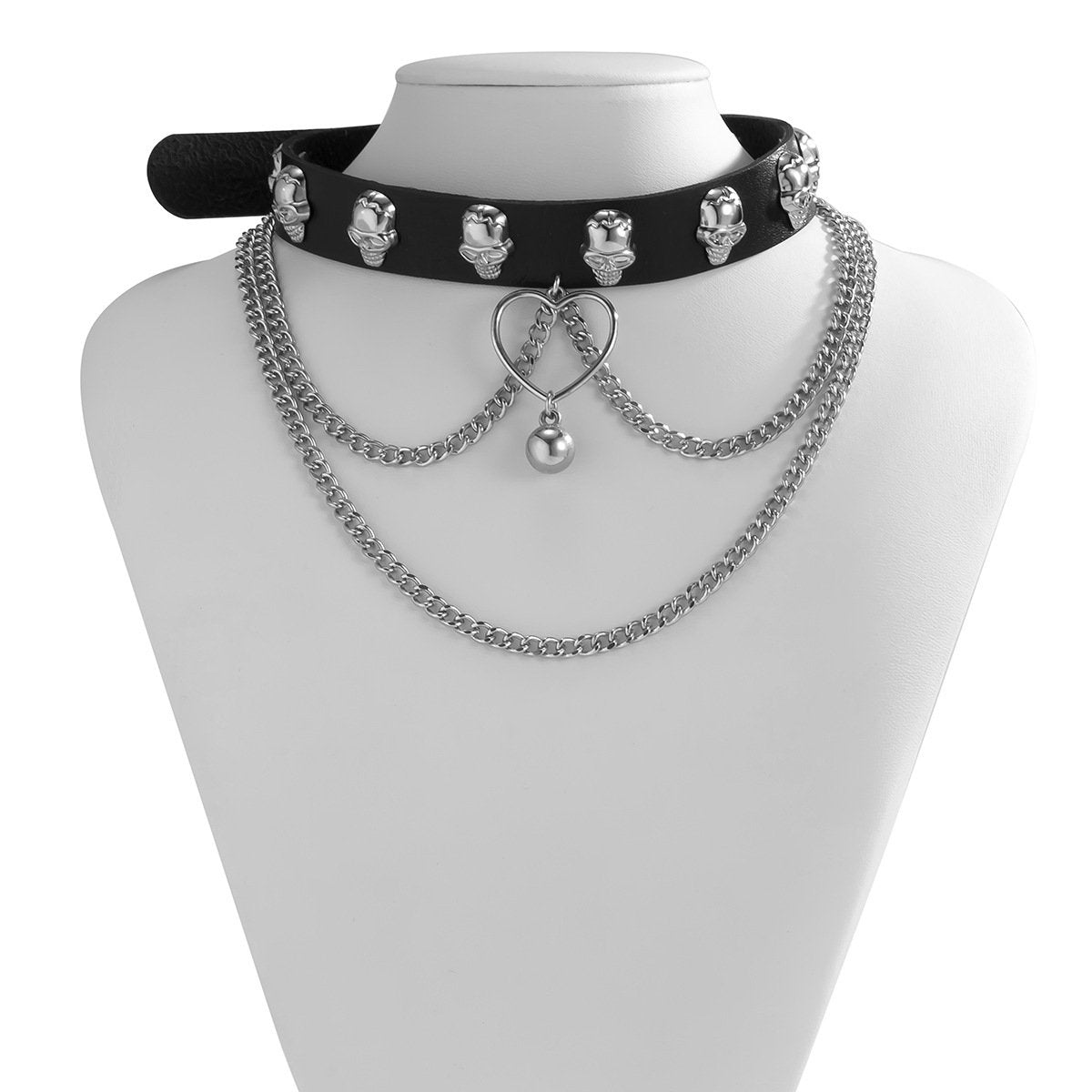 Jewelry Personality Skull Three-dimensional Peach Heart Tassel Necklace Sweet Cool Dark Chain PU Necklace