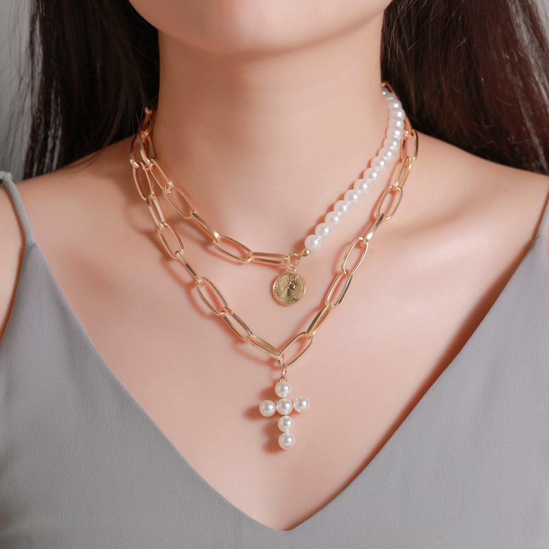 Necklace Exaggerated Pearl Cross Necklace Women's Thick Chain Multi-layer Disc Portrait Pendant