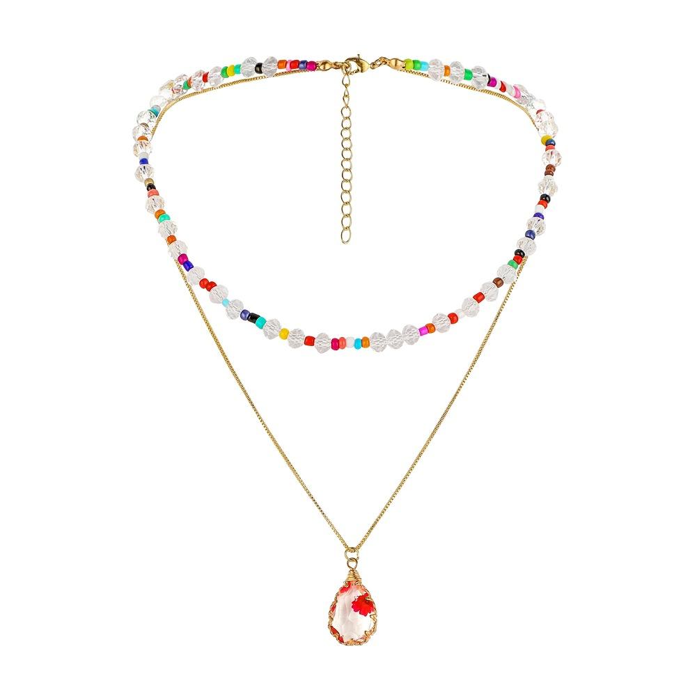 Fashion trend double-layer water drop dried flower resin pendant simple temperament elegant necklace jewelry female