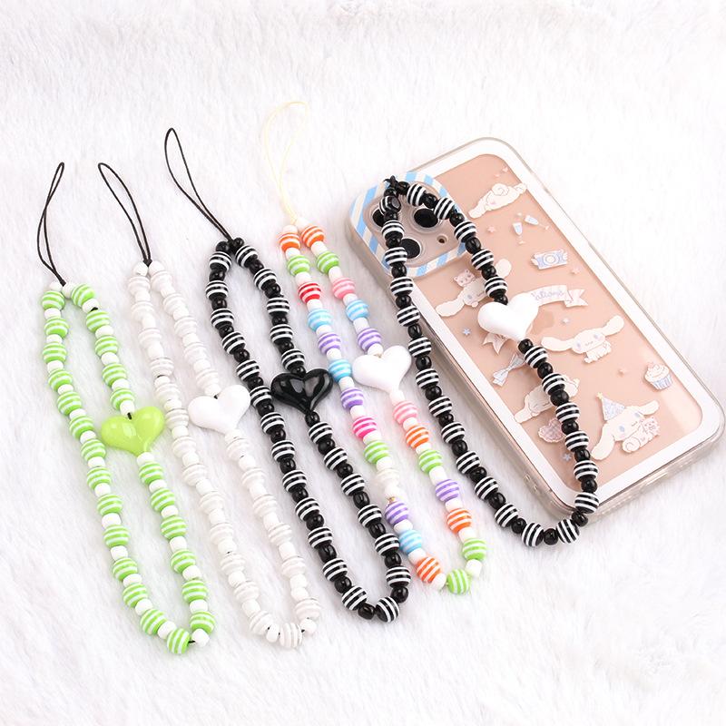 ins personality fashion color acrylic bead mobile phone lanyard peach heart bag chain female pendant