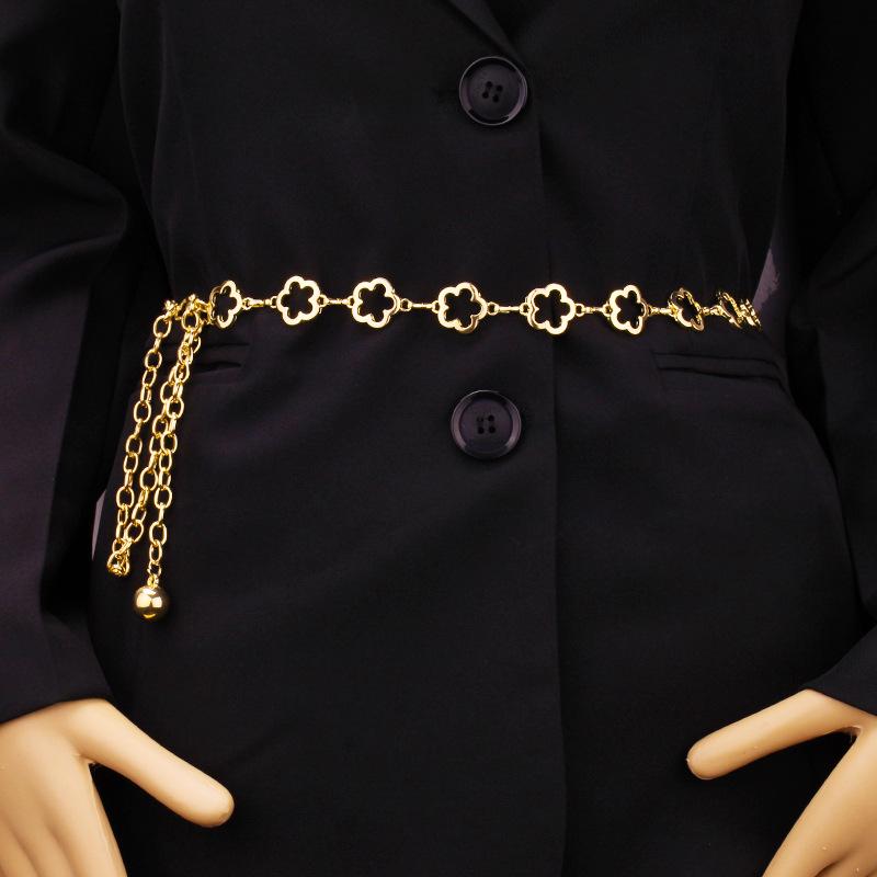 Metal waist chain women's fashion hollow flower shape decorative dress with small ball pendant belt