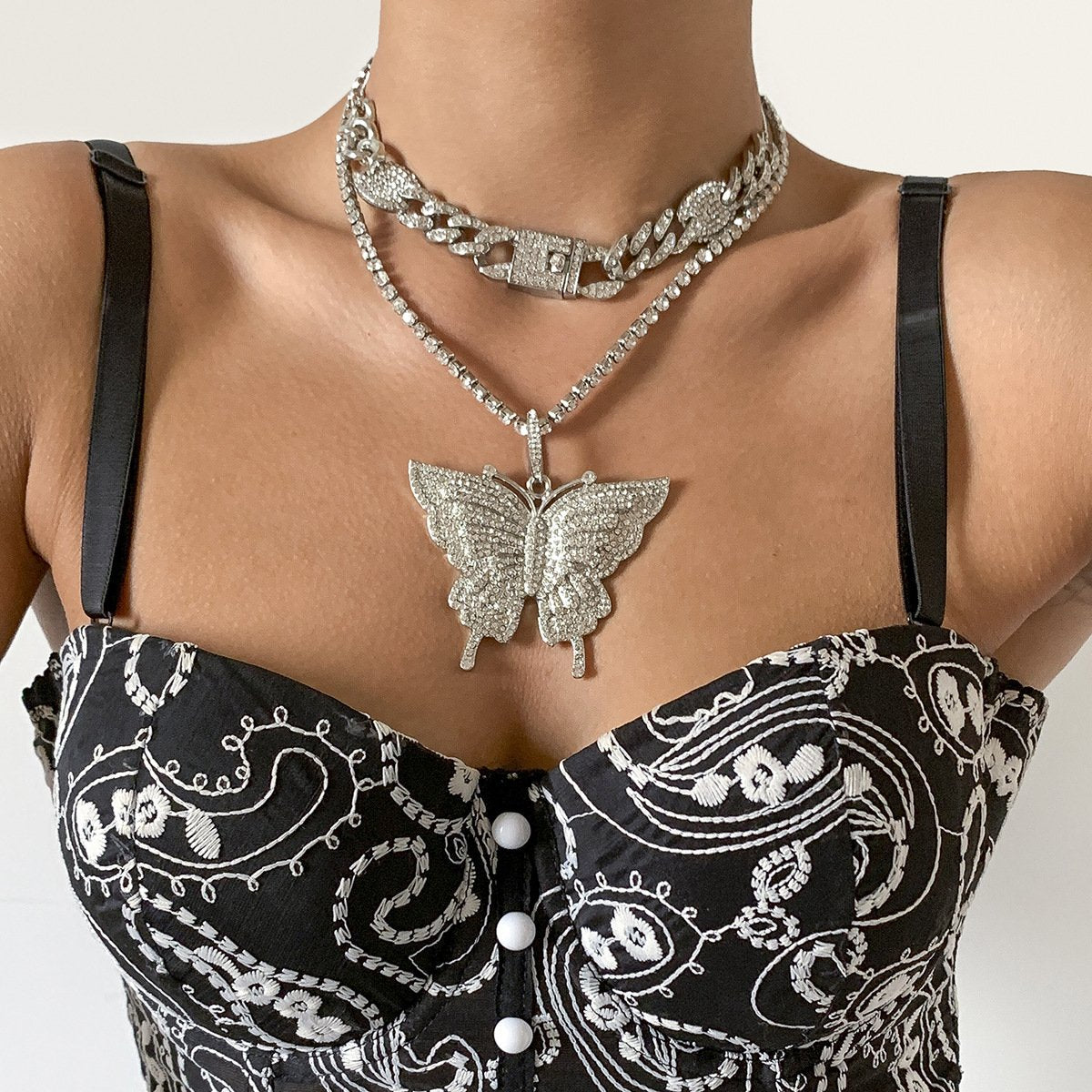 Jewelry Hip Hop Full Diamond Cuban Chain Necklace Female Trend Diamond Big Butterfly Clavicle Necklace