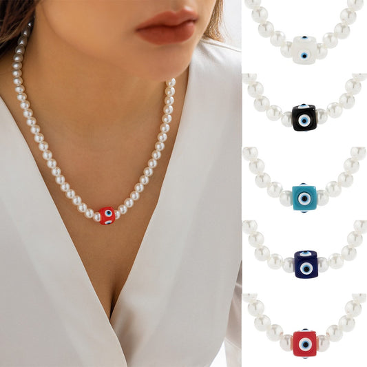 Simple cold beaded imitation pearl color eye necklace sweet cool three-dimensional square pendant single-layer necklace female