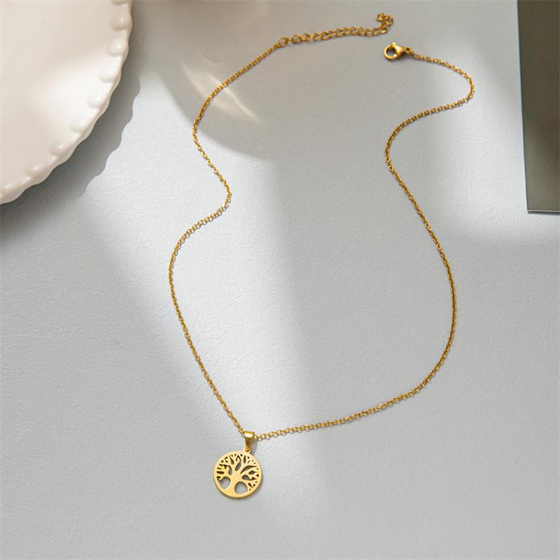 Stainless Steel Necklace Tree of Life Hollow Clavicle Chain Round Pendant Personalized Peace Tree Necklace