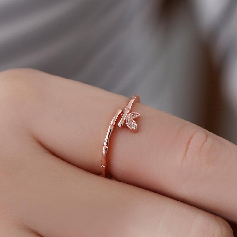 Cute Rabbit Ear Open Ring Female Creative Small Fresh Diamond Leaf Bamboo Knuckle Index Knuckle Ring