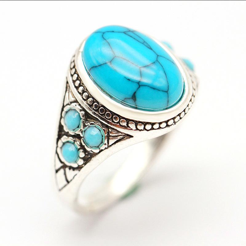 Explosive jewelry national retro imitation turquoise couple ring male and female ancient silver ring jewelry
