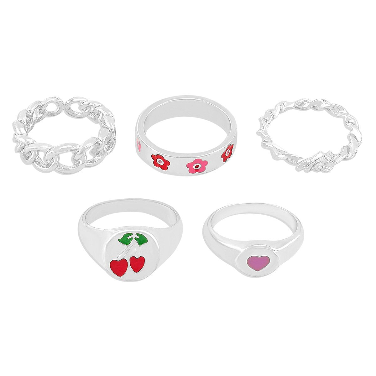 R79 Niche accessories drop oil love flower cherry ring exaggerated chain geometric ring female