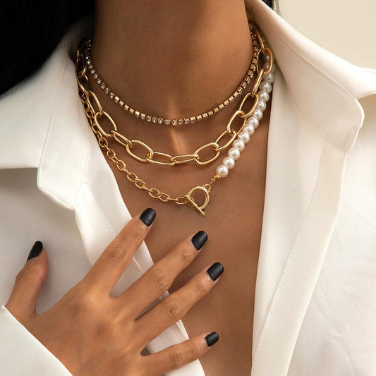 Jewelry Hip Hop Personality Geometric Diamond Chain Necklace Retro Simple OT Buckle Imitation Pearl Necklace