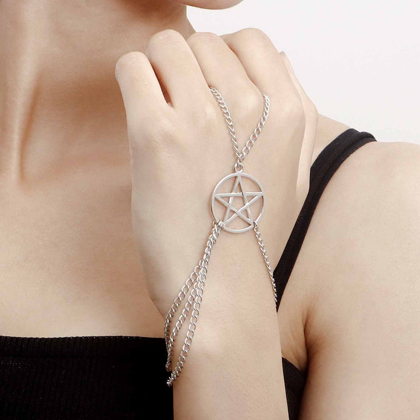 Jewelry Fashion Geometric Big Circle Pentagram Finger Chain Bracelet Hip Hop Exaggerated Trendy Female Hand Jewelry