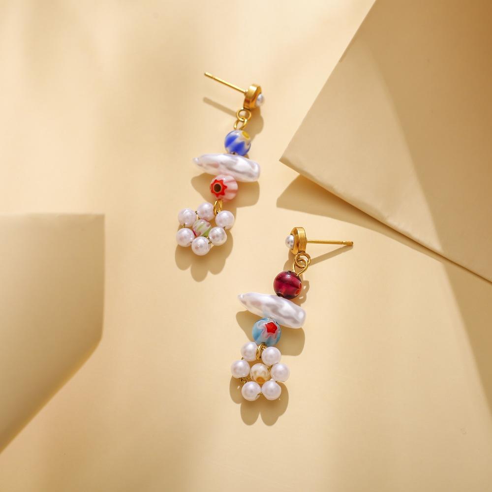 Ethnic Fashion Personality Stainless Steel Baroque Small Flower Earrings Titanium Steel Temperament Beaded Pearl Earrings Jewelry Women