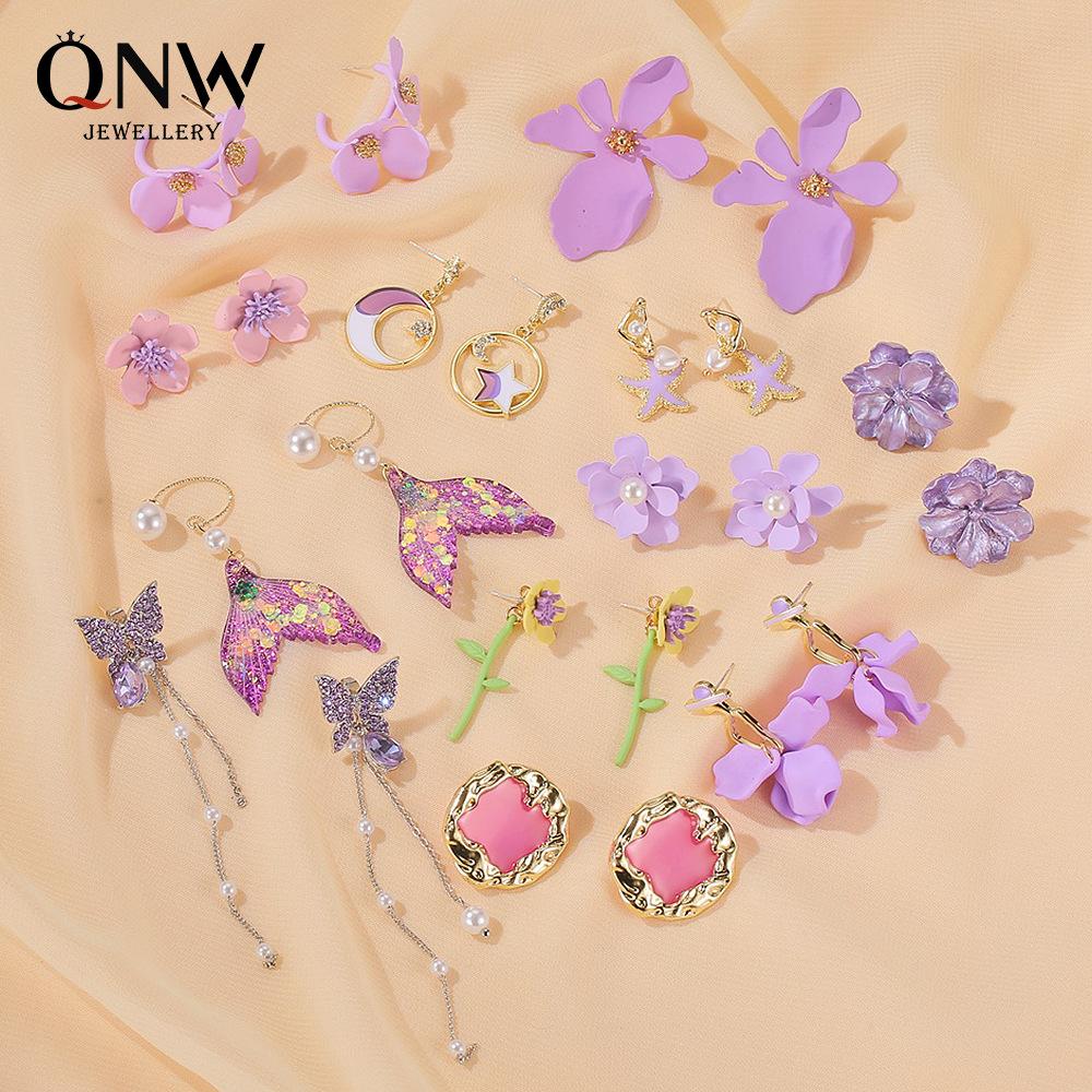 S925 silver needle earrings summer purple earrings simple small fresh earrings net red flower earrings