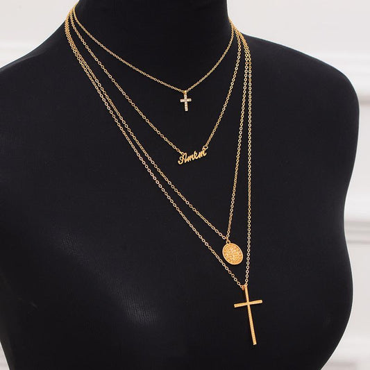 Fashion multi-layer geometric disc English diamond cross necklace jewelry