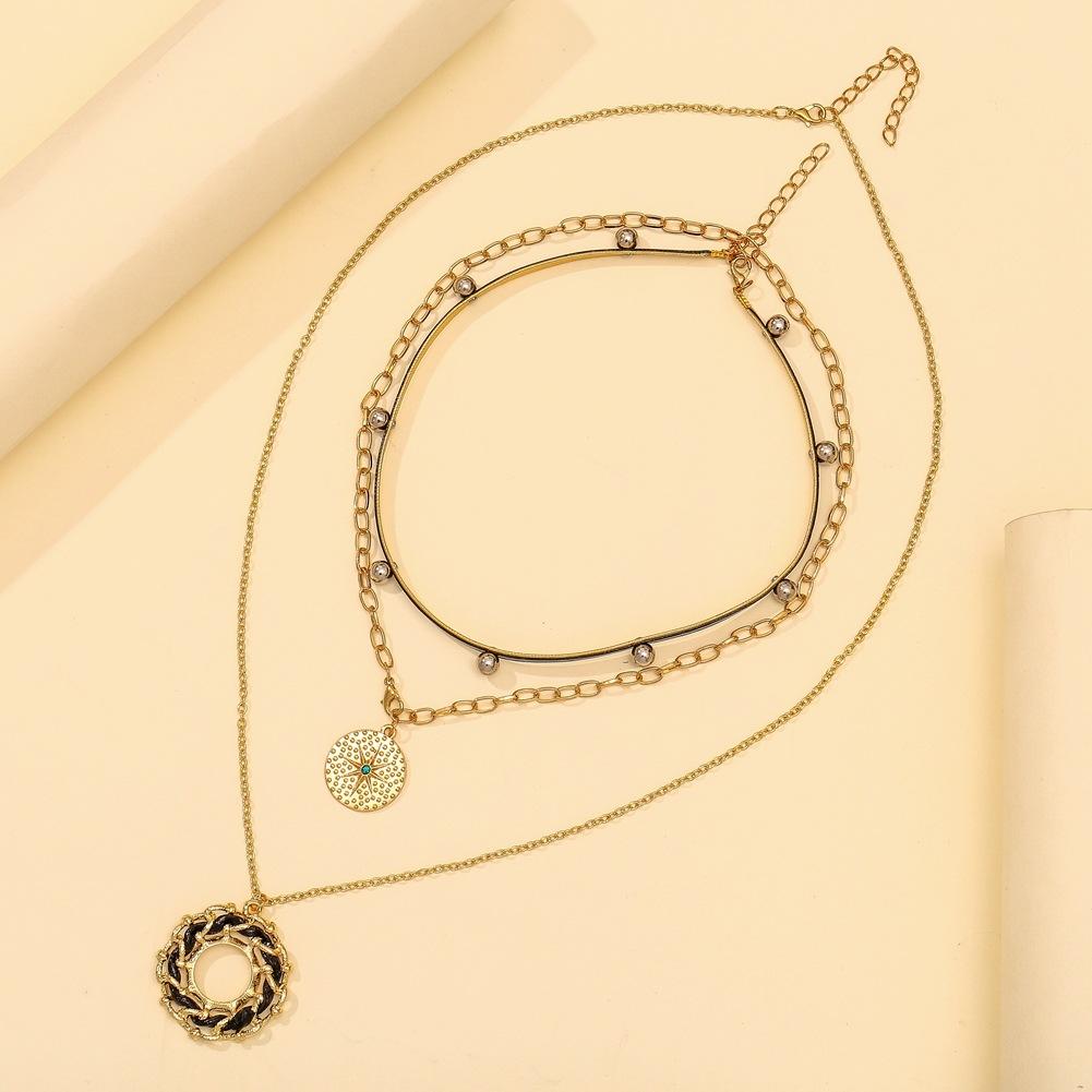 Personalized rivet leather rope necklace trendy hexagram coin pendant three-layer punk necklace