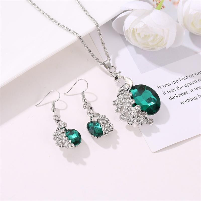 Set Fashion Personality Peacock Diamond Multicolor Gemstone Necklace Earrings Set For Ladies