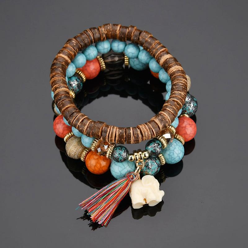 Bohemian trend simple elephant tassel wooden beads multi-layer temperament bracelet bracelet jewelry