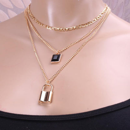 Mix and match geometric multi-layer jewelry square brand black diamond pendant snake bone chain temperament lock necklace