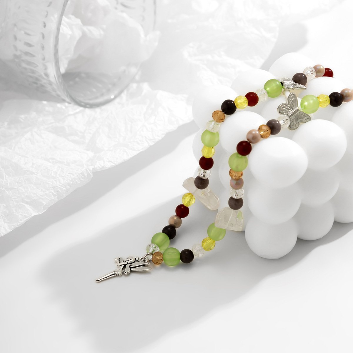 Ornament Mori pastoral elf small butterfly necklace female simple imitation crystal beaded metal necklace