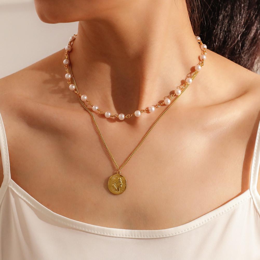 Titanium steel gold-plated pendant temperament all-match fashion pearl necklace retro round medal coin pendant necklace