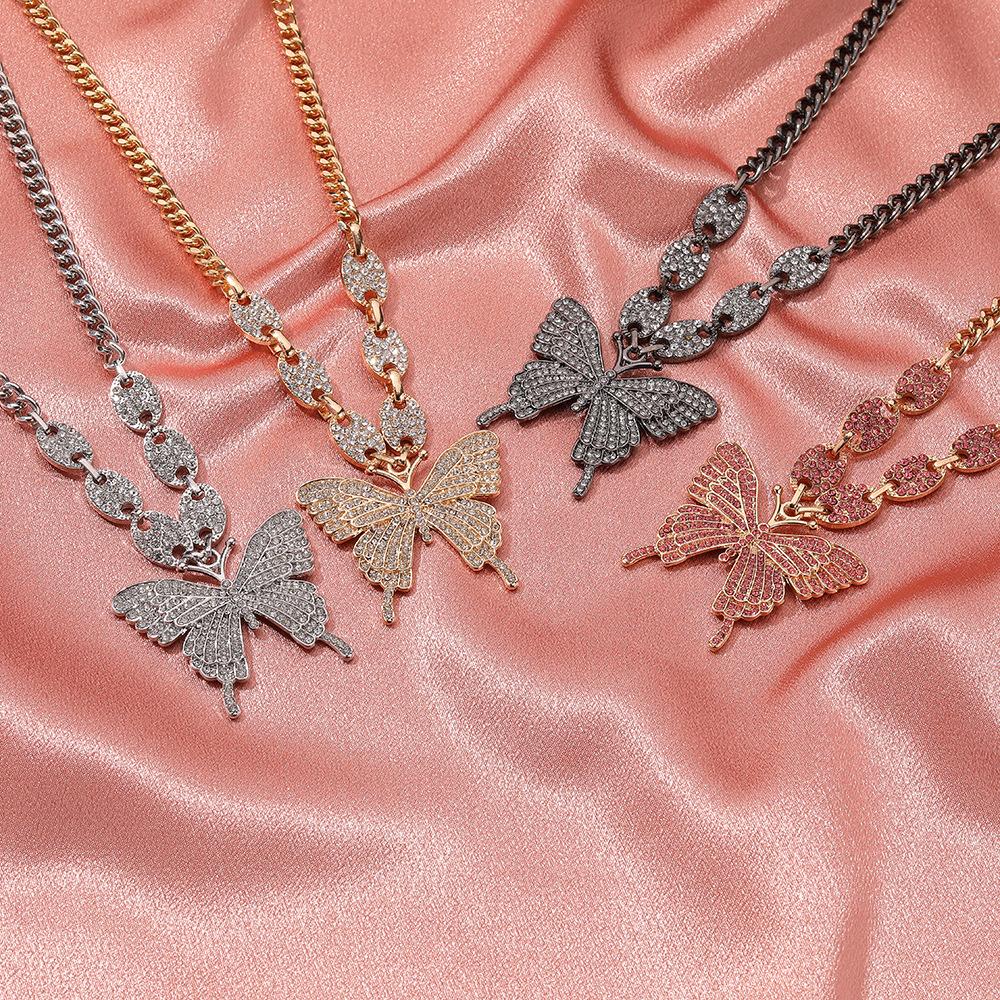 Exaggerated Butterfly Necklace Punk Micro-set Rhinestone Geometric Clavicle Chain Retro Cuban Hip Hop Sweater Chain