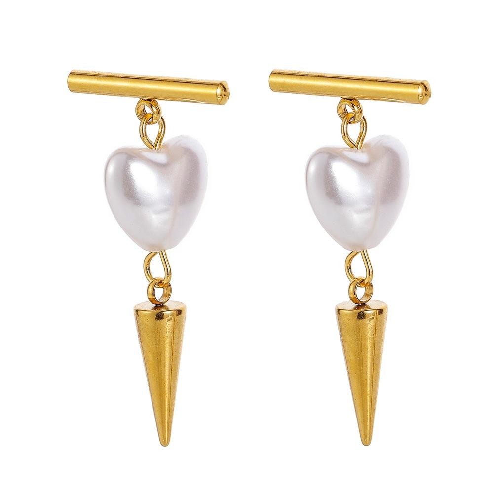 Stainless Steel Heart Pearl Rivet Earrings Creative Niche Temperament Design Sense Ear Studs Fashion Personality Accessories
