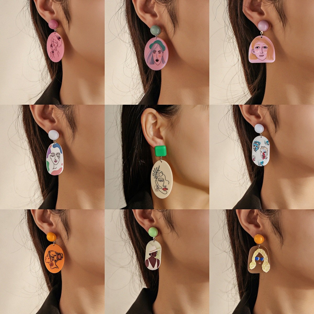 ins acrylic 3D printing earrings creative graffiti beauty portrait earrings exaggerated earrings matching