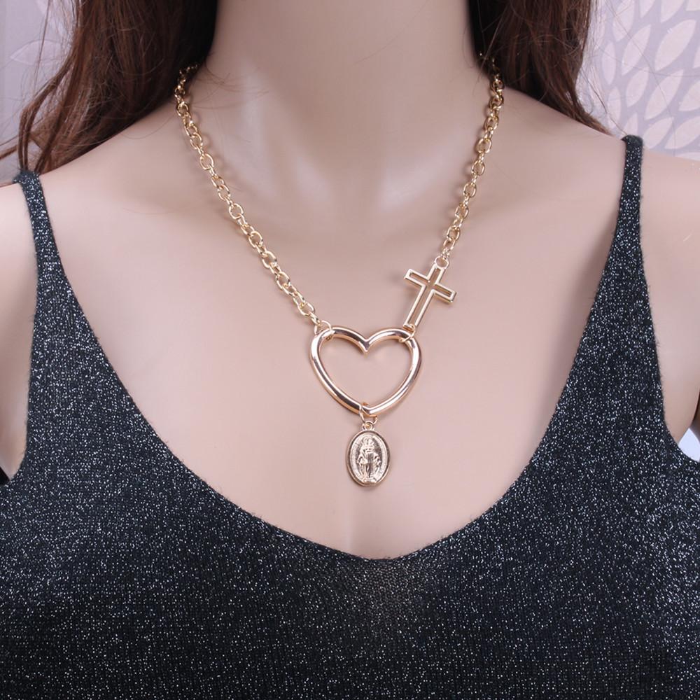 Jewelry Exaggerated Hollow Peach Heart Hollow Cross Virgin Mary Pendant Necklace Female