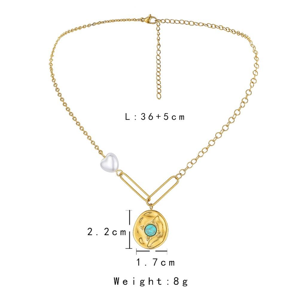 Fashion Simple Stainless Steel Gold Love Coin Pendant Titanium Steel Pearl Necklace Clavicle Chain Women