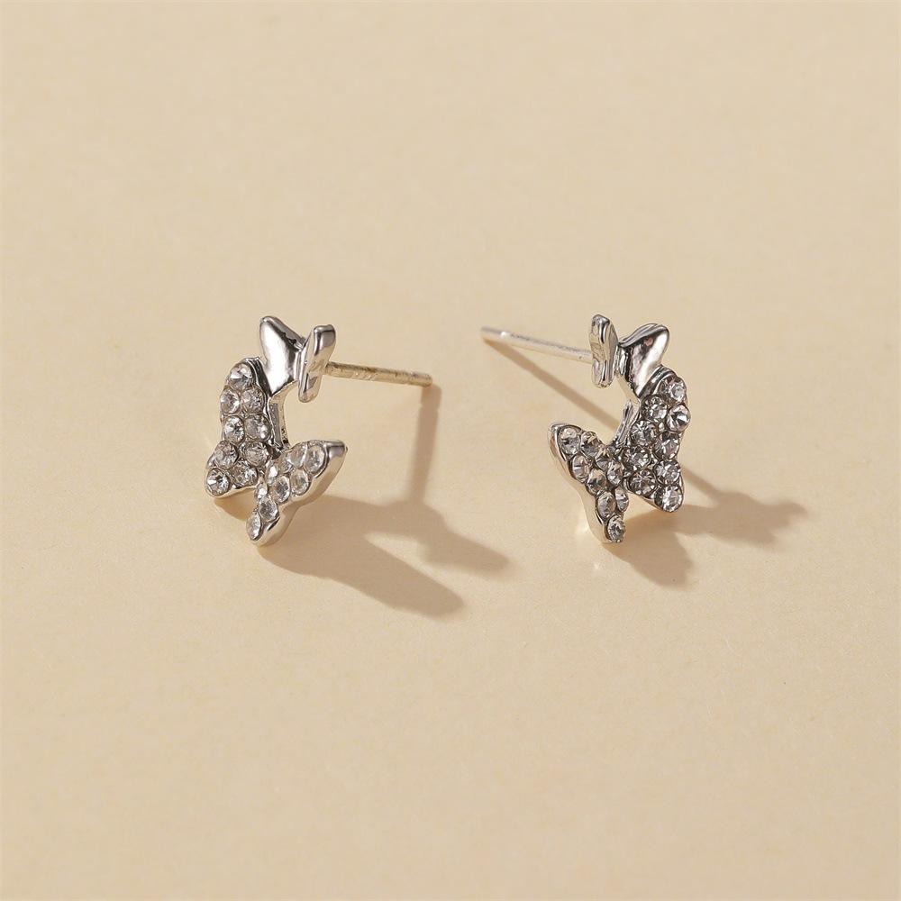 Classic Earrings Temperament Two Butterflies Sweet Light Luxury Earrings Versatile Simple Rhinestone Earrings Butterfly Earrings