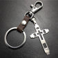 Grid Hollow Cross Stainless Steel Pendant Leather Keychain Couple Gift Small Gift