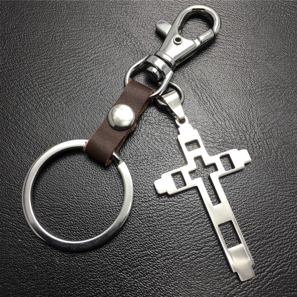 Grid Hollow Cross Stainless Steel Pendant Leather Keychain Couple Gift Small Gift