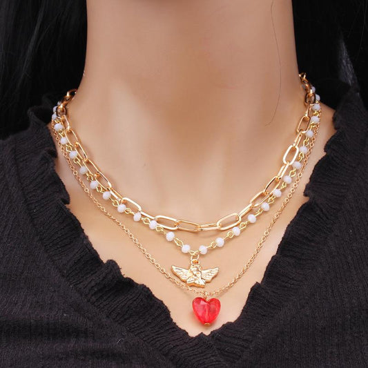Three-piece set of angel love necklace set light luxury trend net red temperament stacked multi-layer necklace