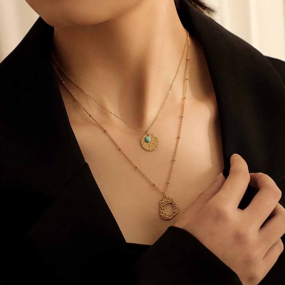 Irregular cracked coin pendant double stacked necklace niche design turquoise pendant clavicle chain